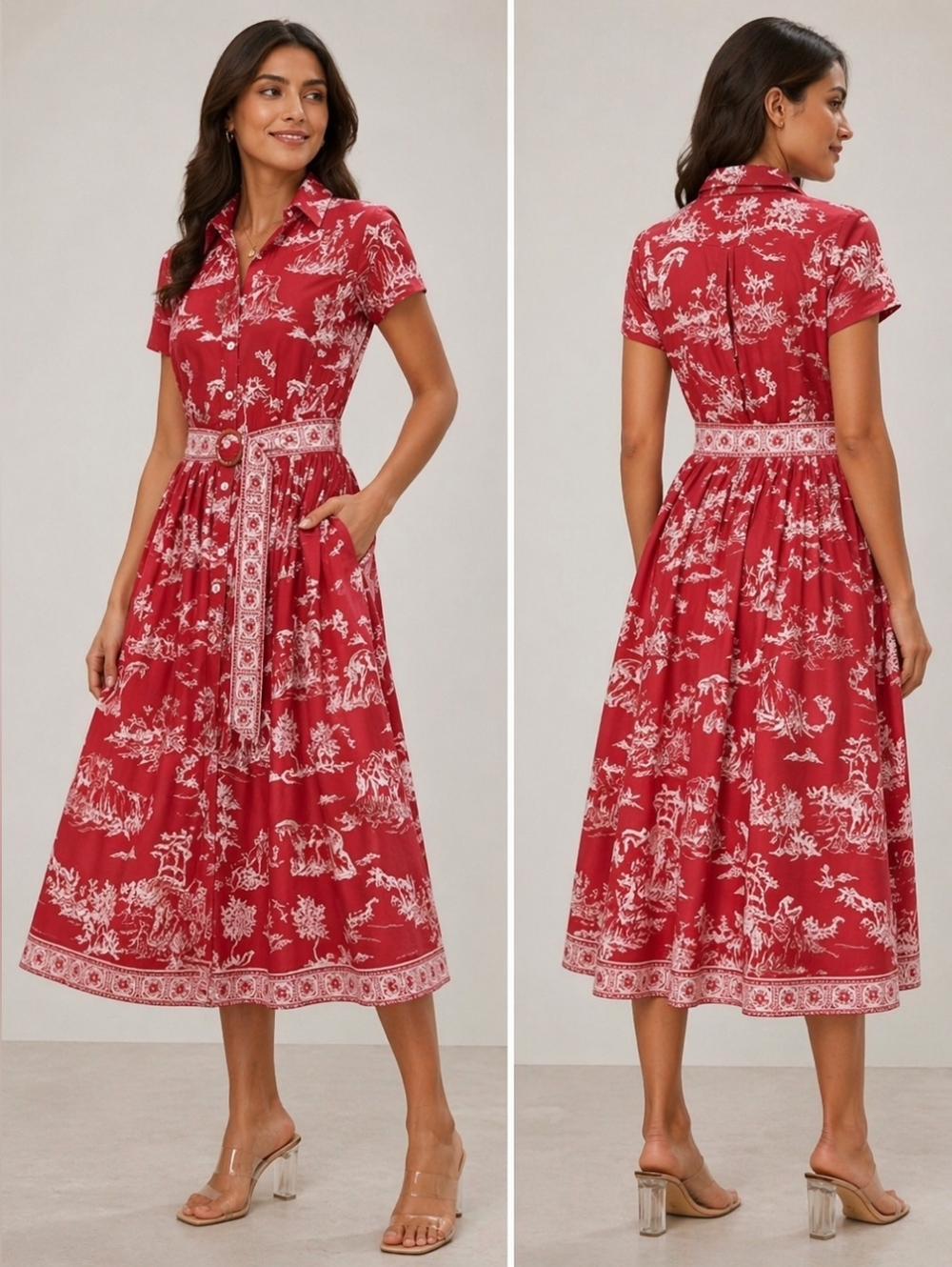 eShakti Red and White Print Midi Dress